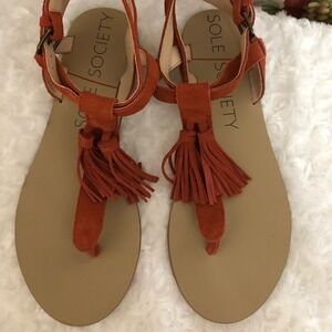 Sole Society Pandora Suede Leather Fringe Flat Sandals Paprika Sz 6.5